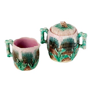 Antique Majolica C1850s Century Griffen Smith & Hill Etruscan Shells & Seaweed Sugar & Creamer For Sale