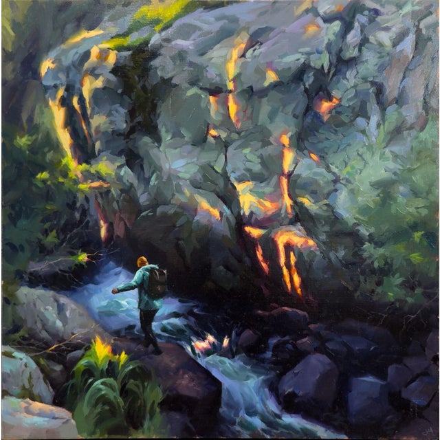 Transmission by Judd Mercer | Oil on panel Person standing by a stream near rocky cliffs. For Sale