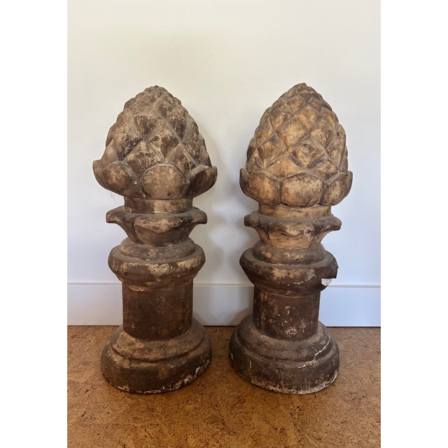 Mid 20th Century Vintage Pair of Carved Garden Acorns on Pedestal For Sale - Image 5 of 14