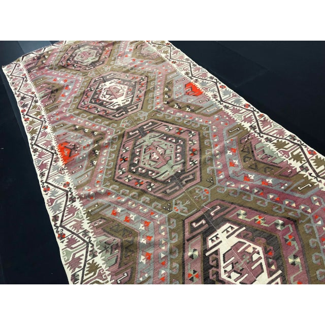 1960s Vintage Rustic Turkish Handmade Kilim Rug- 4′11″ × 11′1″ For Sale - Image 9 of 11