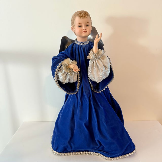 Large Vintage Victorian Style Christmas Angel Figurine in Royal Blue Velvet For Sale - Image 9 of 10