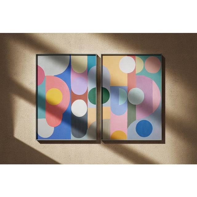 2026, Art Deco Diagrams Painting, Vivid Tones Geometric Shapes Diptych, Acrylic Paint on Watercolor Paper by Natalia Roman For Sale - Image 10 of 10
