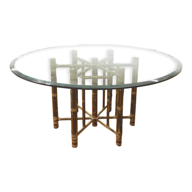 Vintage Baker-McGuire Furniture Organic Bamboo & Leather Base Round Dining Table For Sale