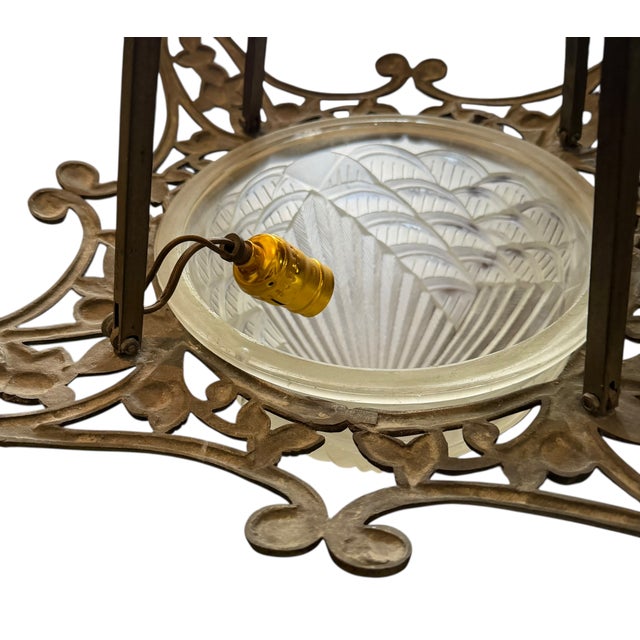 Antique Schneider French Art Deco Bronze and Frosted Glass Plafonnier Pendant Chandelier For Sale In Los Angeles - Image 6 of 6
