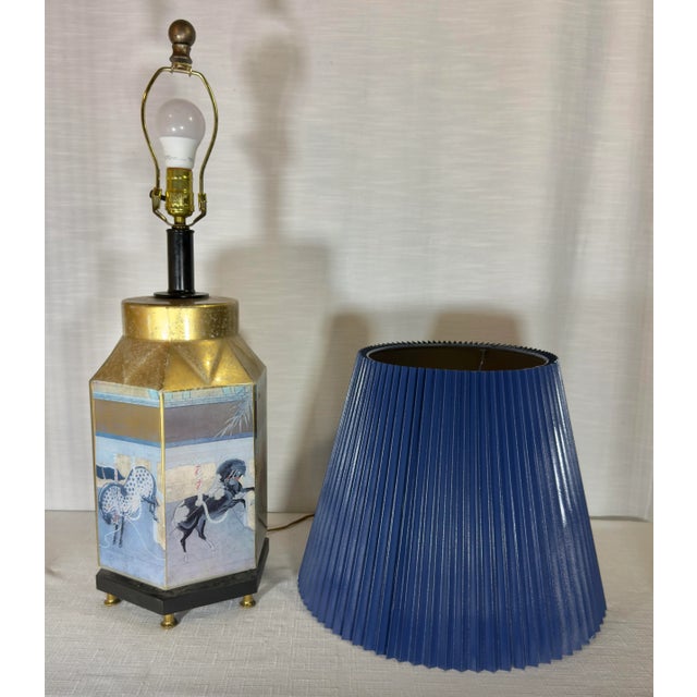 Vintage Chinoiserie Reverse Painted Hexagonal Tang Horse Table Lamp With Bespoke Navy Blue Shade For Sale - Image 9 of 12