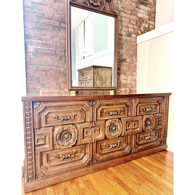 Vintage Bassett Furniture matching bedroom dresser set featuring an ornate Brutalist-inspired design with deeply molded...