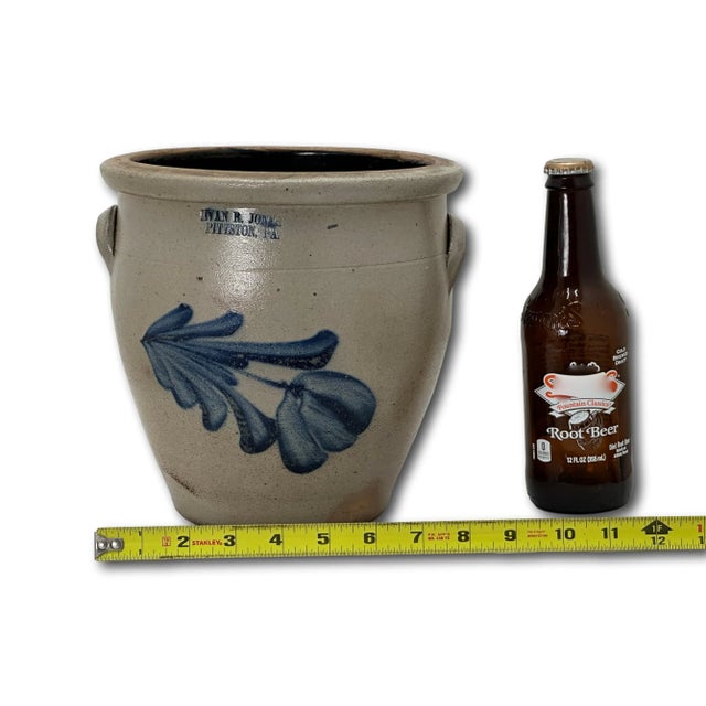 Rare Small 1 Gallon Size Antique Evan Jones Pittston Pennsylvania Blue Decorated Stoneware Cream Jar With Handles For Sale - Image 12 of 12