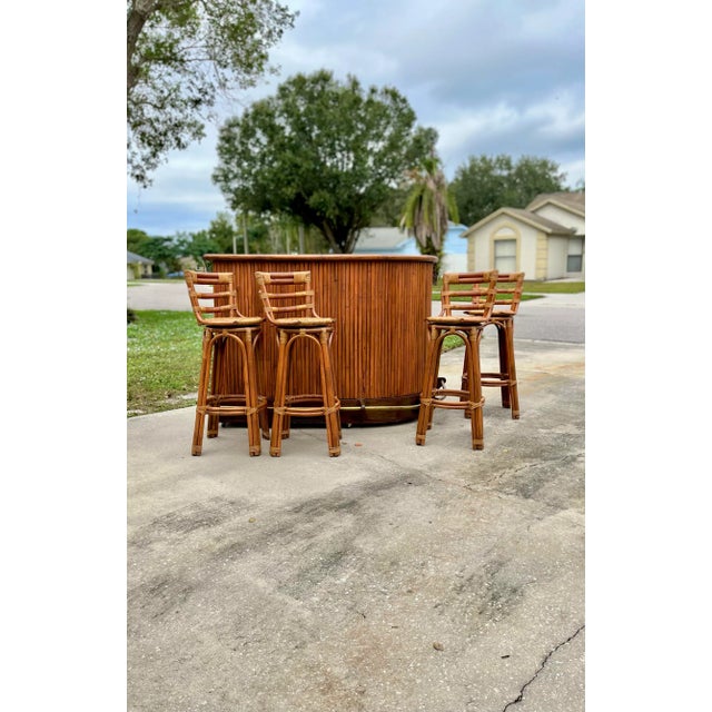 Wood Vintage Wood and Bamboo Tiki Dry Bar Set + Four Matching Swivel Bamboo Stools For Sale - Image 7 of 12