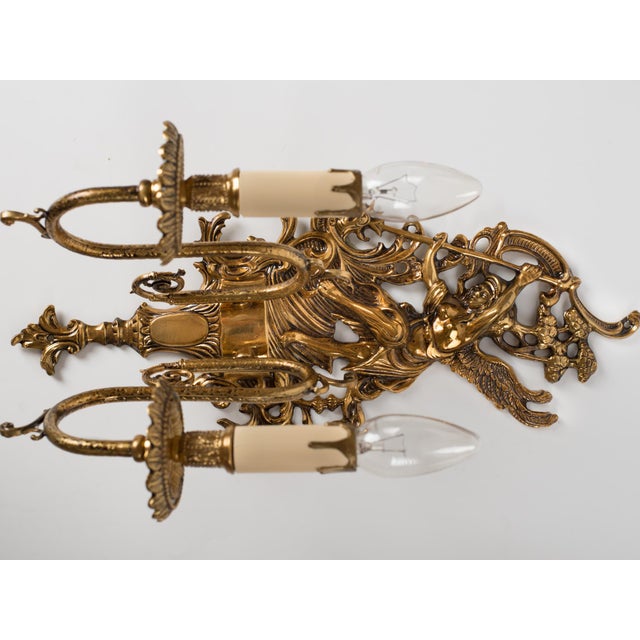 1950s Spanish Empire Cast Brass Winged Goddess Nike Victory 2-Light Wall Sconces - A Symmetrical Pair For Sale - Image 6 of 12