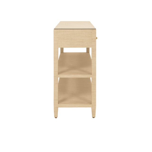 Matthew Izzo Home Briar Natural Grasscloth Three Drawer Console Table With Brass Knobs For Sale In New York - Image 6 of 7