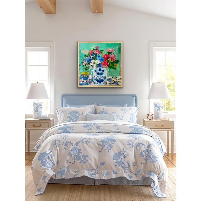 Abstract Blue and White Jar Floral Still Life Bouquet | Carolyn Shultz | Original Mixed Media on Canvas | Summer Sunday| For Sale - Image 3 of 4