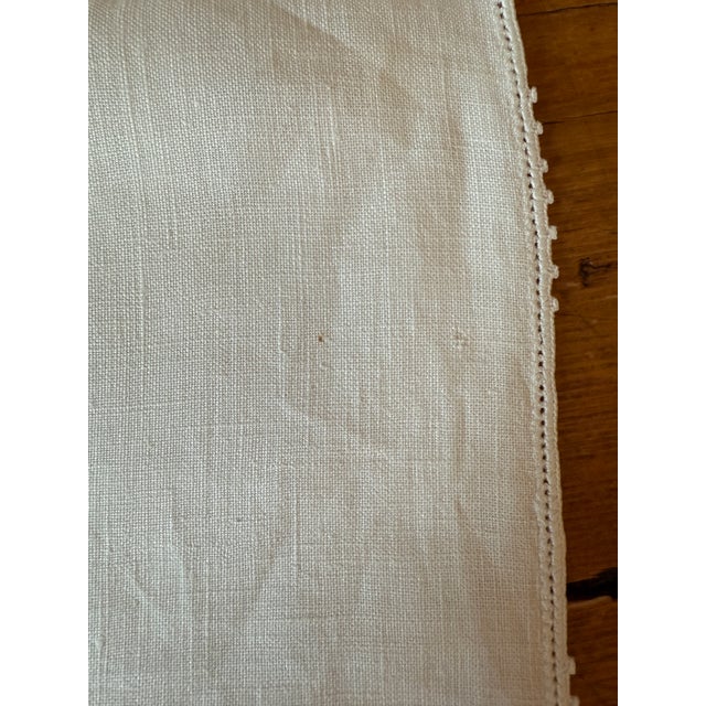 Textile Vintage Linen Square Tablecloth Hand Stitched Monogram & Edging For Sale - Image 7 of 9