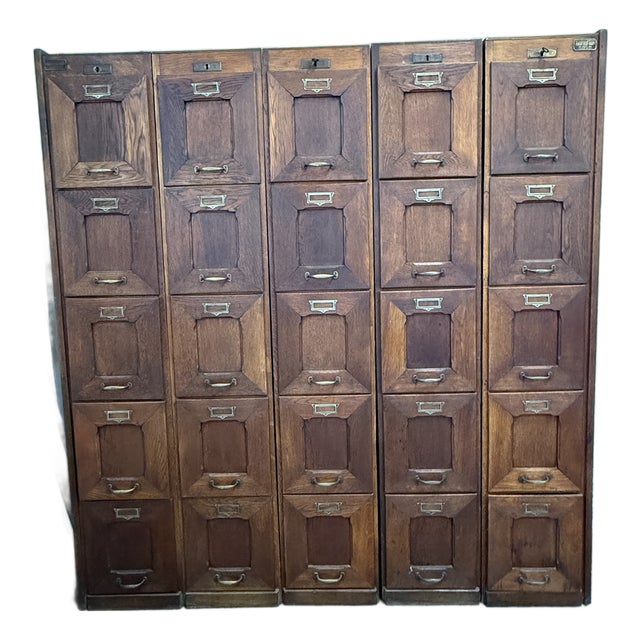 Antique Belgian Oak File Cabinet, 25 Drawers, Hubert Degee-Fabry, c.1920 – Modular 5-Tower Set For Sale