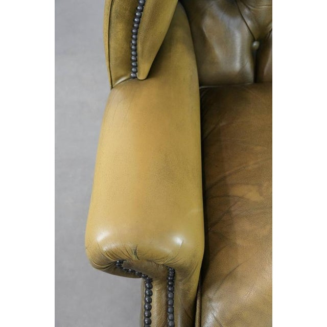 English Style Moss Green Cowhide Chesterfield Wingback Armchair For Sale - Image 7 of 16