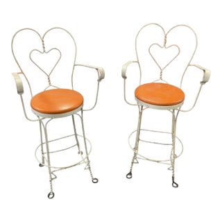 Pair of Vintage Ice Cream Soda Bar Barstool Chairs With Heart Shaped Backs For Sale