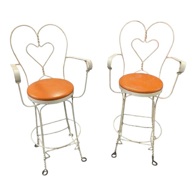 Pair of Vintage Ice Cream Soda Bar Barstool Chairs With Heart Shaped Backs For Sale
