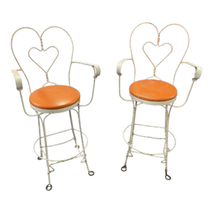 Pair of Vintage Ice Cream Soda Bar Barstool Chairs With Heart Shaped Backs