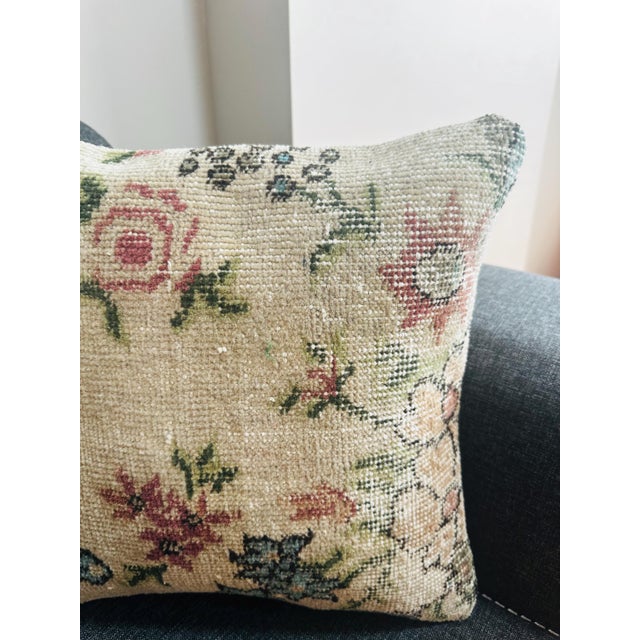 Vintage Isparta Turkish Rug Pillow Cover | Floral Wool Cushion Cover 16x16 | Handmade Boho Throw Pillow | Hidden Zipper For Sale - Image 6 of 8