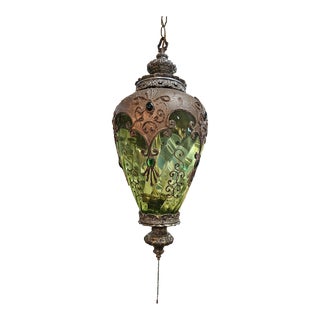 Hollywood Regency Green Glass Hanging Swag Light For Sale