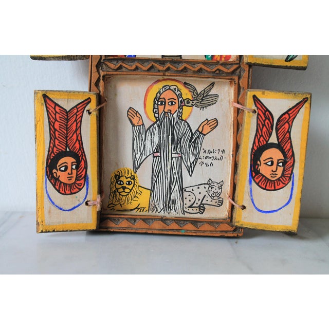 Ethiopian Orthodox Coptic Triptych Icon Hand Painted Crucifixion & Resurrection Scene For Sale In Milwaukee - Image 6 of 13