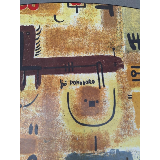 Coffee Table with Iron and Brass Legs, Silkscreened Wooden Top with Gio Pomodoro Design, 1950s For Sale - Image 6 of 8