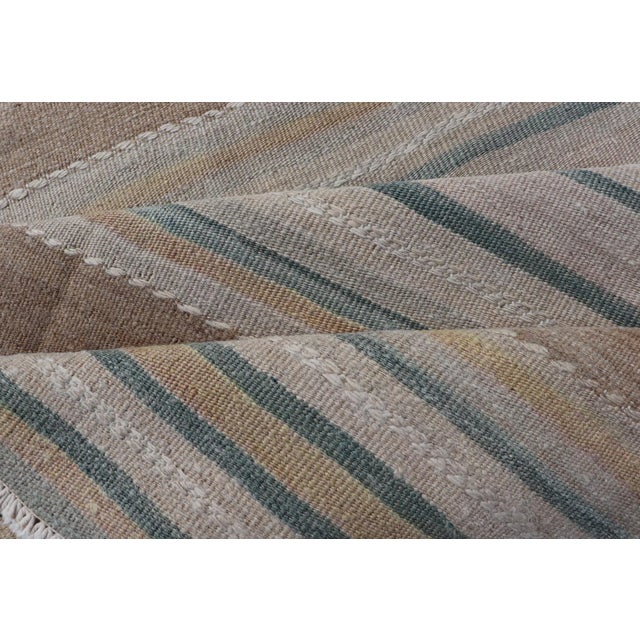 Mid 20th Century Vintage Turkish Kilim Rug With Horizontal Stipes in Light Brown Blue Taupe Multicolor For Sale - Image 9 of 10