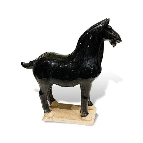 Asian Tang Dynasty Black Horse is made out of Ceramic. It can be outdoor/indoor. Dimensions are: 22"W x 7.5"D x 21.25"H