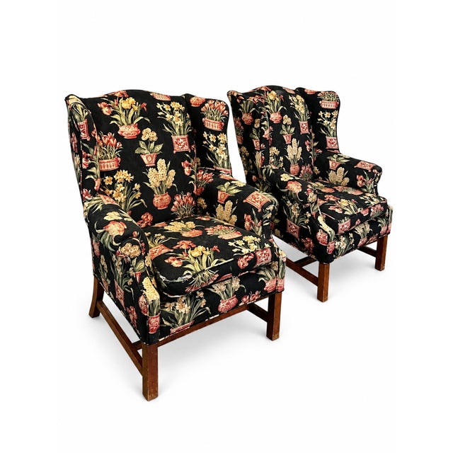 Chinoiserie Late 20th Century Black Floral Chinoiserie Wingback Armchairs — A Pair For Sale - Image 3 of 16