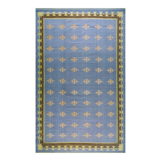 1930s Blue Gray Diamond Antique Indian Cotton Dhurrie Carpet 9'7'' X 15'7'' Flatweave Rug For Sale