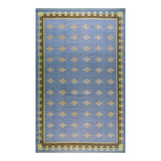 1930s Blue Gray Diamond Antique Indian Cotton Dhurrie Carpet Flatweave Large Rug For Sale