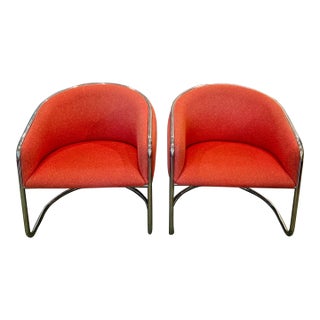 A Set of 2 1960s Cantilevered Chrome Barrel Back Club Chairs Attributed to Anton Lorenz for Thonet For Sale