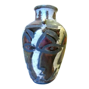 Vintage Organic Modernist Studio Pottery Abstract Expressionist Surrounding Faces Stoneware Ceramic Vase Signed Cox 5/29/92- L 10.5"