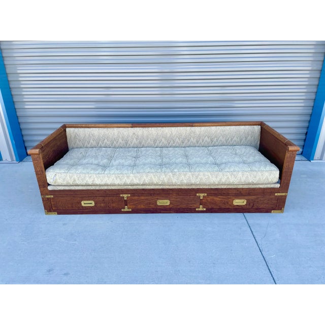 Mid-Century Modern 1960s Mid-Century Campaign Style Tiger Oak Daybed Sofa With Storage Drawers by Marge Carson For Sale - Image 3 of 13