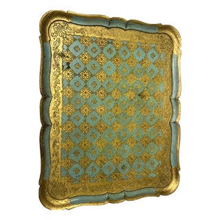 Vintage Italian Florentine Turquoise and Gold Hand Panted Tray, 1960s For Sale