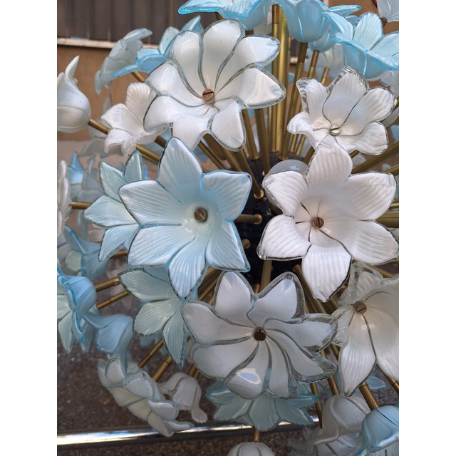 Large Brass Pendant Lamp with White and Blue Murano Glass Flowers For Sale - Image 6 of 9