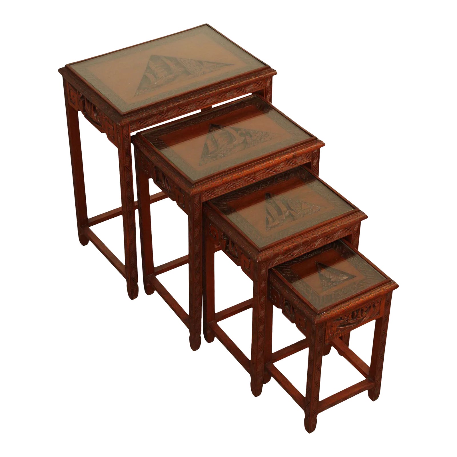 Chinoiserie Carved Hardwood Glass Top Nesting Tables Set of 4 Chairish