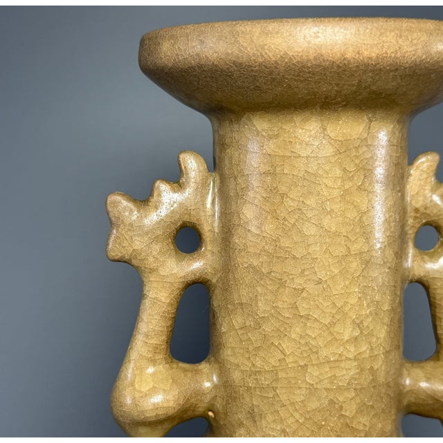 Chinese Antique Chinese Official‑Style Yellow‑Glaze Porcelain Vase With Phoenix Handles For Sale - Image 3 of 7