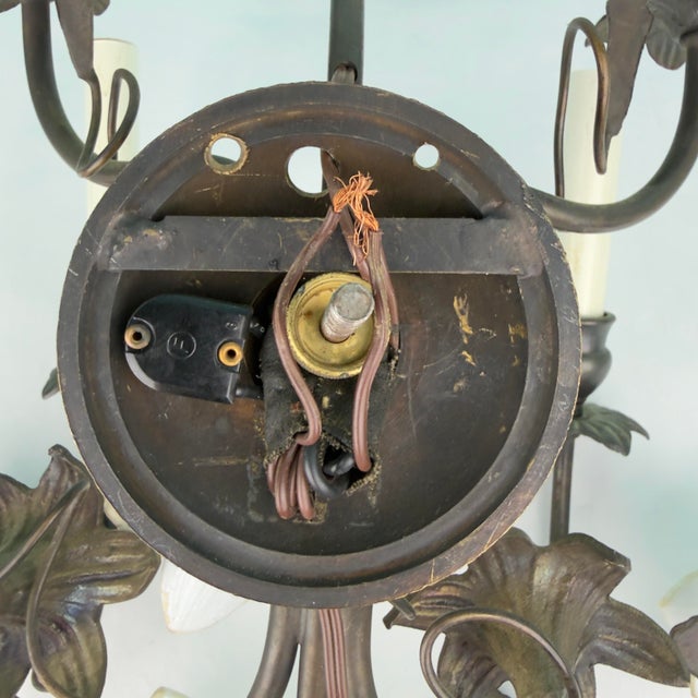 French Provincial Vintage 7 Light Wrought Iron Wall Sconce With Milk Glass Flowers & Cherub Motif - Matching Sconce Available Separately For Sale - Image 3 of 12