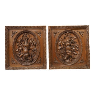 Pair of French Antique Black Forest Panels in Carved Oak, Late 19th Century For Sale