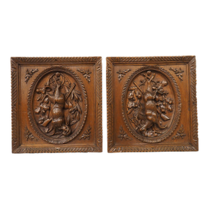 Pair of French Antique Black Forest Panels in Carved Oak, Late 19th Century