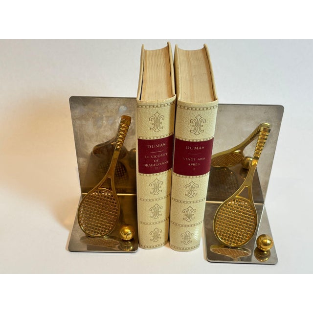 Metal Pair of Vintage Brass and Chrome Tennis Racket and Ball Bookends C. 1980s Usa For Sale - Image 7 of 10