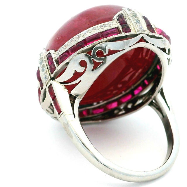 Metal Vintage Platinum Cabochon Ruby, Ruby and Diamond Statement Ring, Size 6.5 For Sale - Image 7 of 15