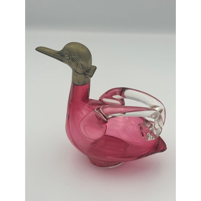 1950s 1950s Mid‑Century Modern Czech Art Glass Duck Decanter With Brass Hinged Head — Pink & Clear Wings For Sale - Image 5 of 6