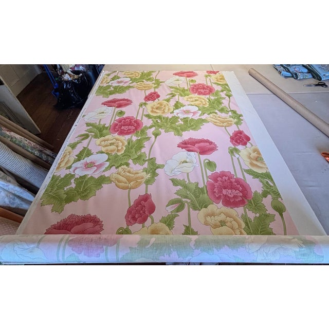 14 yards of large and vibrant gold, red and white poppies on a pink background hand print fabric by Clarence House,...