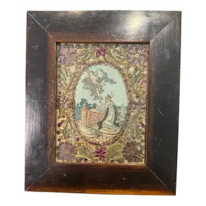 Antique Framed Watercolor & Needlepoint of Saint Catherine of Siena