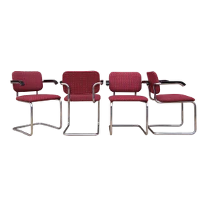1980s Knoll Marcel Breuer Cesca Mid-Century Modern Red Checkered Woven Wool, Black Lacquer Arm Chair Armchairs- Set of 4