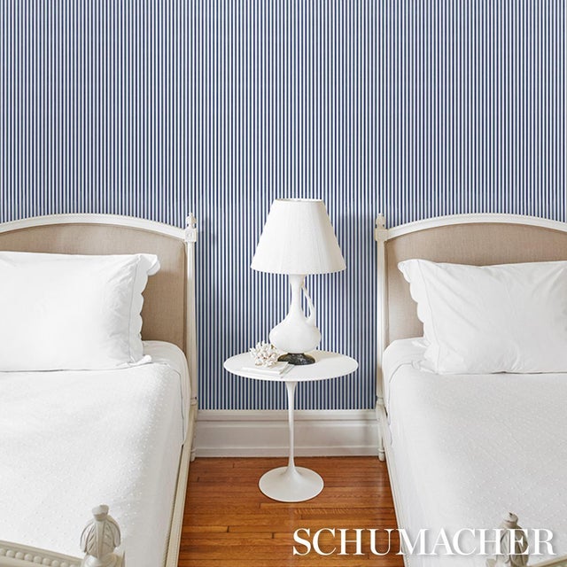 2020s Sample - Schumacher Mathis Ticking Stripe Wallcovering In Indigo For Sale - Image 5 of 6