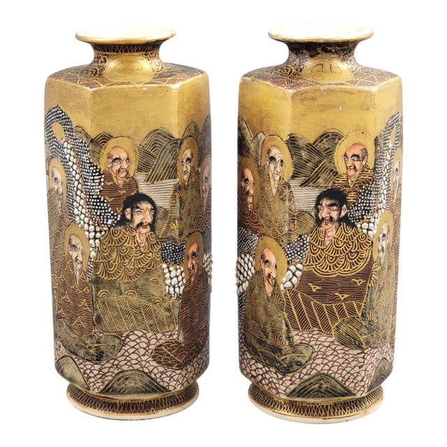Japanese Satsuma Hexagonal Vases with Dragon and Rakan, Set of 2 For Sale - Image 4 of 13