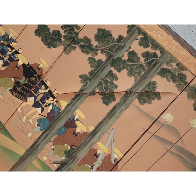 Green Vintage Japanese Byobu Four Panel Folding Screen Picture Caravan of Men Signed For Sale - Image 8 of 18