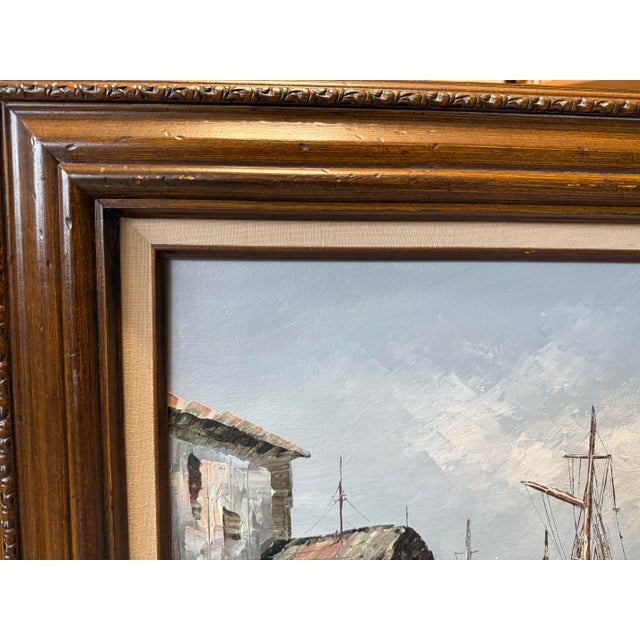 Vintage European Harbor Oil Painting Fishing Boats Seascape Framed Signed For Sale - Image 9 of 12
